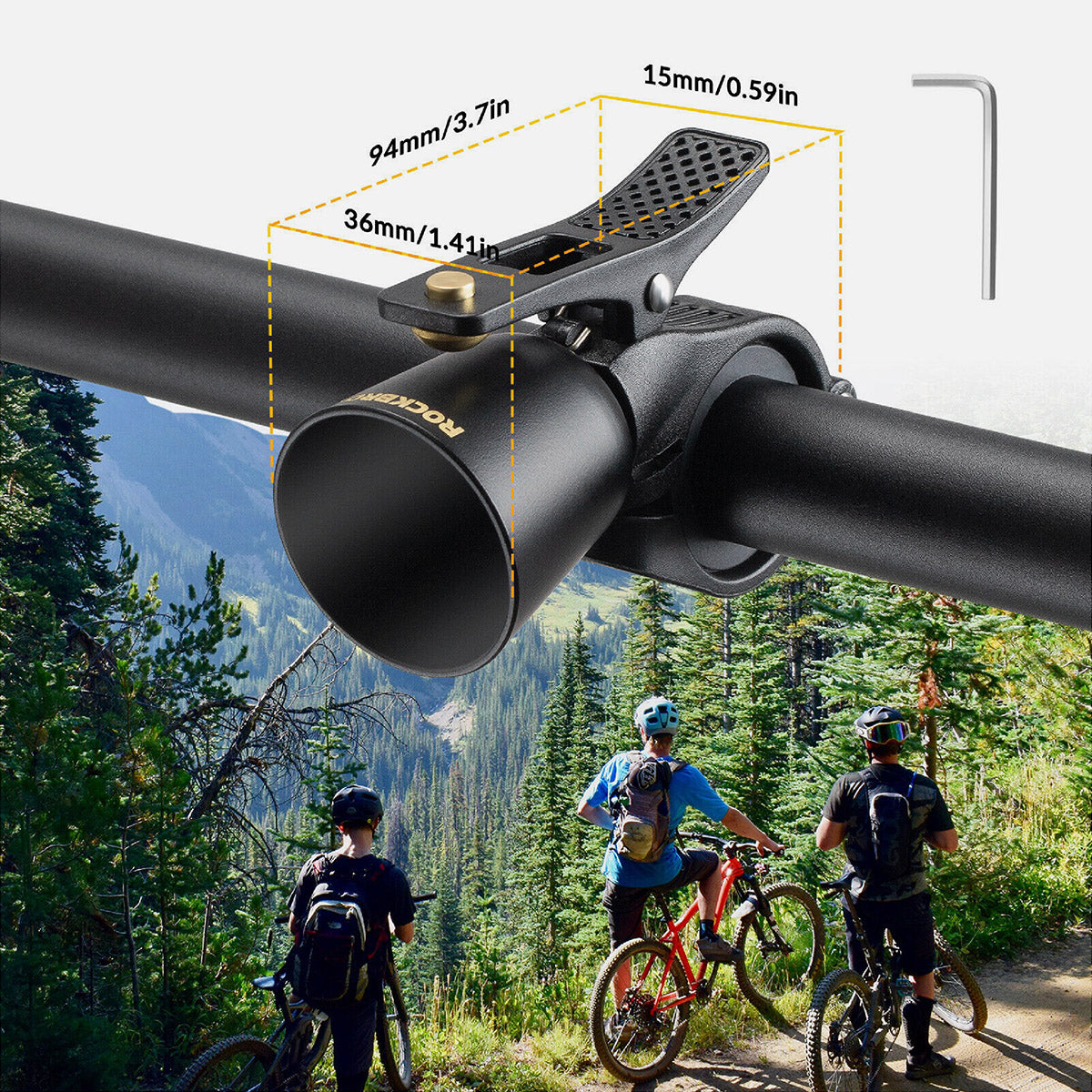 ROCKBROS Retro-Klingel mit Maßangaben (Länge ca. 94 mm, Becherdurchmesser ca. 36 mm), passend für gängige Lenker.