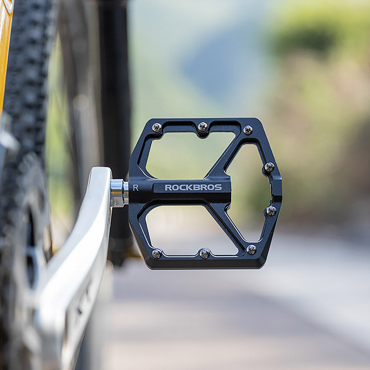 Flache Plattformpedale mit griffigen Pins für sicheren Halt auf nassen und trockenen Fahrten.