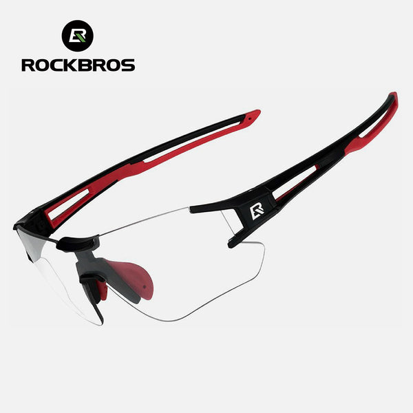 ROCKBROS selbsttönende Fahrradbrille mit photochromer Einzellinse und verstellbaren Nasenpads (Schwarz/Rot).
