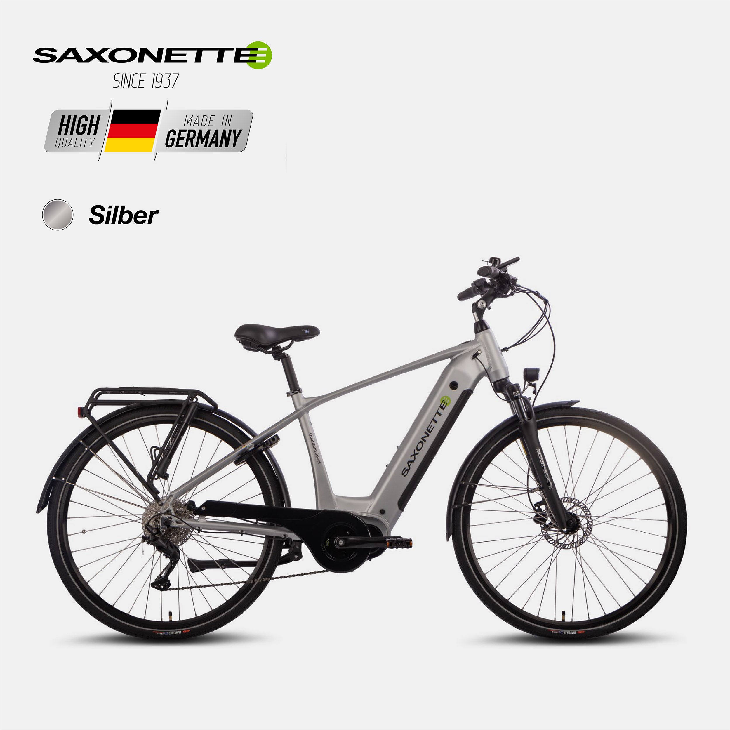 SAXONETTE Quantum Sport Diamant – Trekking, Mittelmotor, 10-Gang – Silber (Seitenansicht links).