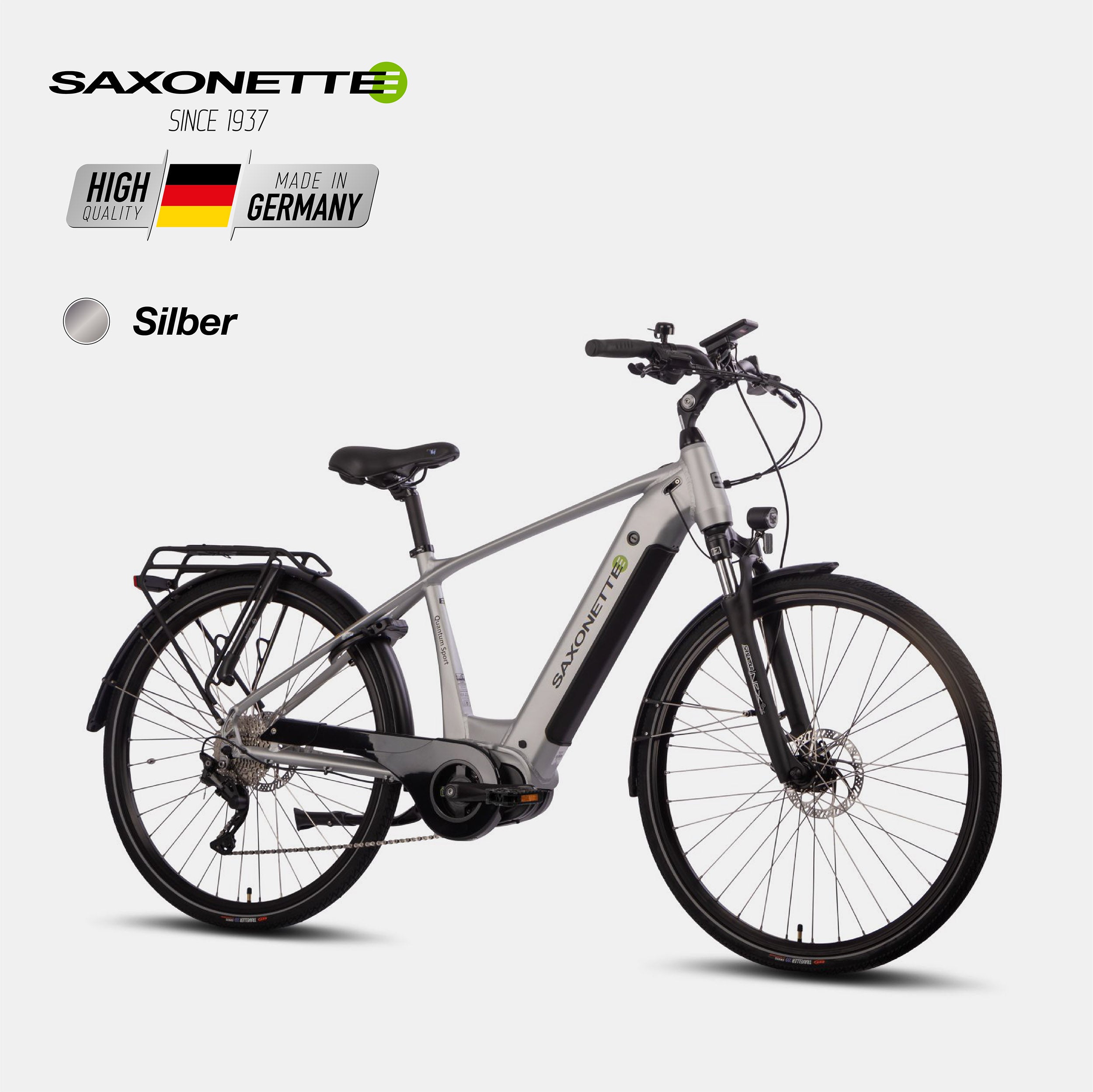 SAXONETTE Quantum Sport Diamant – Trekking, Mittelmotor, 10-Gang – Silber (schräg vorn).