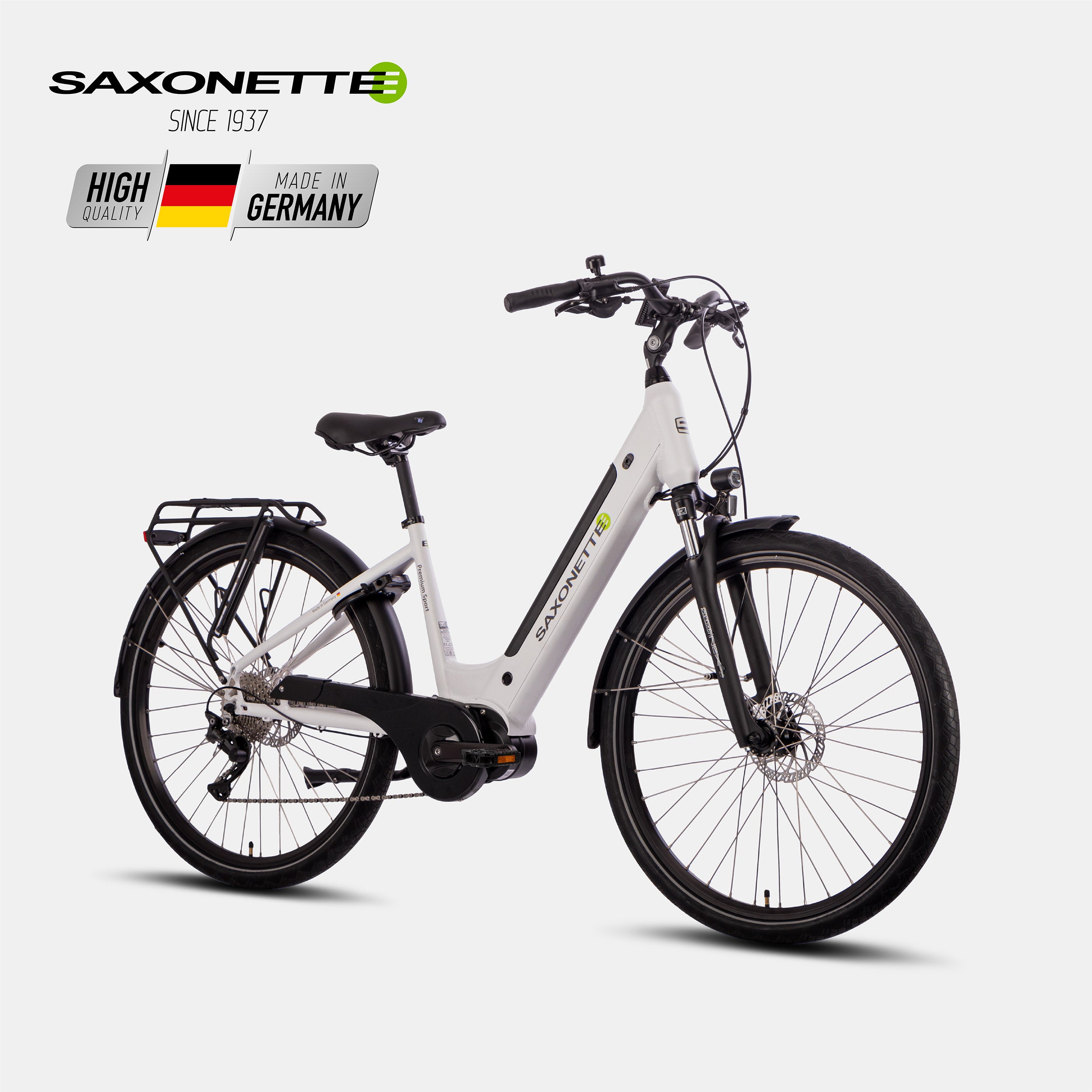 Step-Through-Trekkingrad SAXONETTE Pre. Sport Wave, Mittelmotorantrieb, 10-fach Schaltung, Farbe Hellsilber.