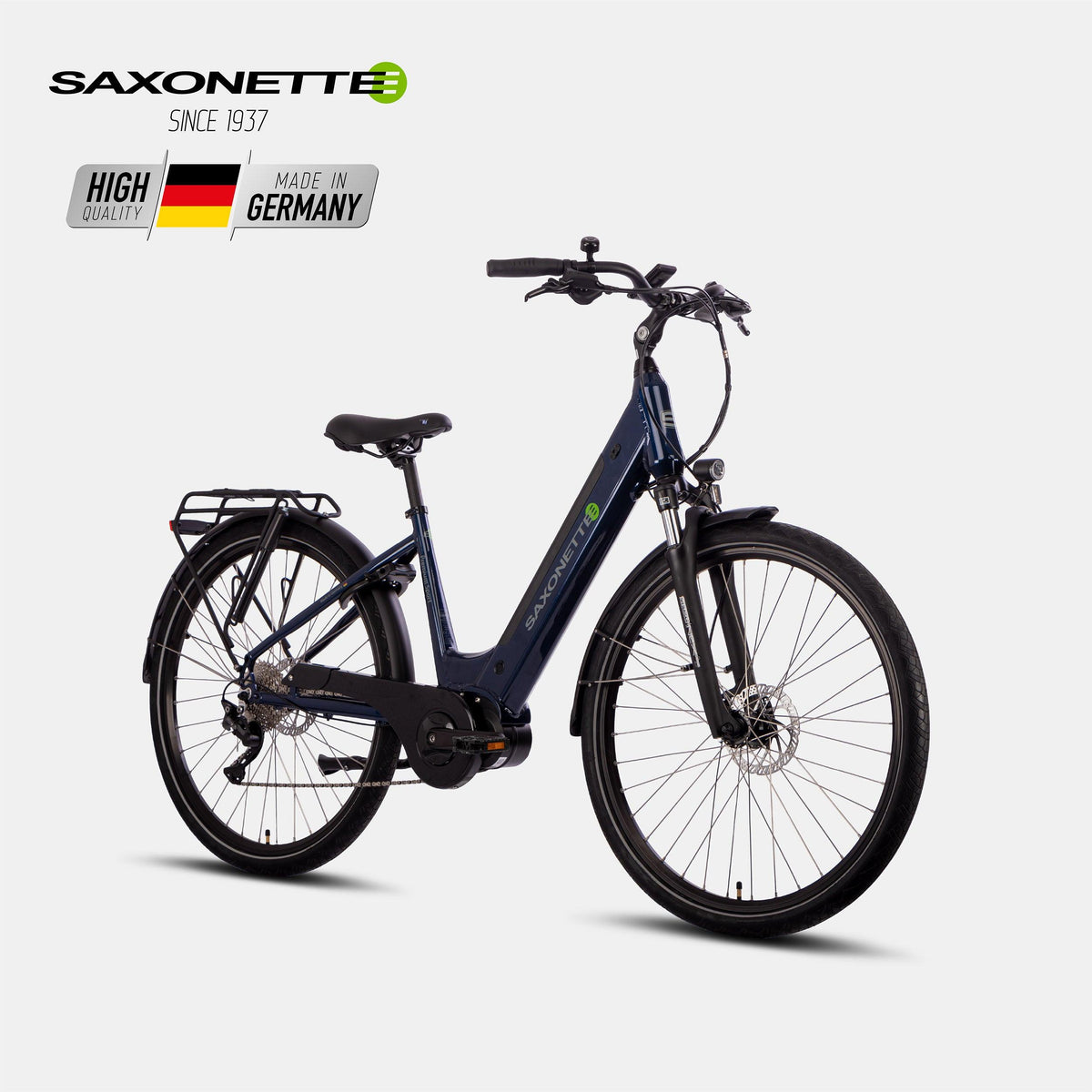 SAXONETTE Premium Sport Wave E-Bike in Dunkelblau – linke Seitenansicht, hochwertig Made in Germany seit 1937