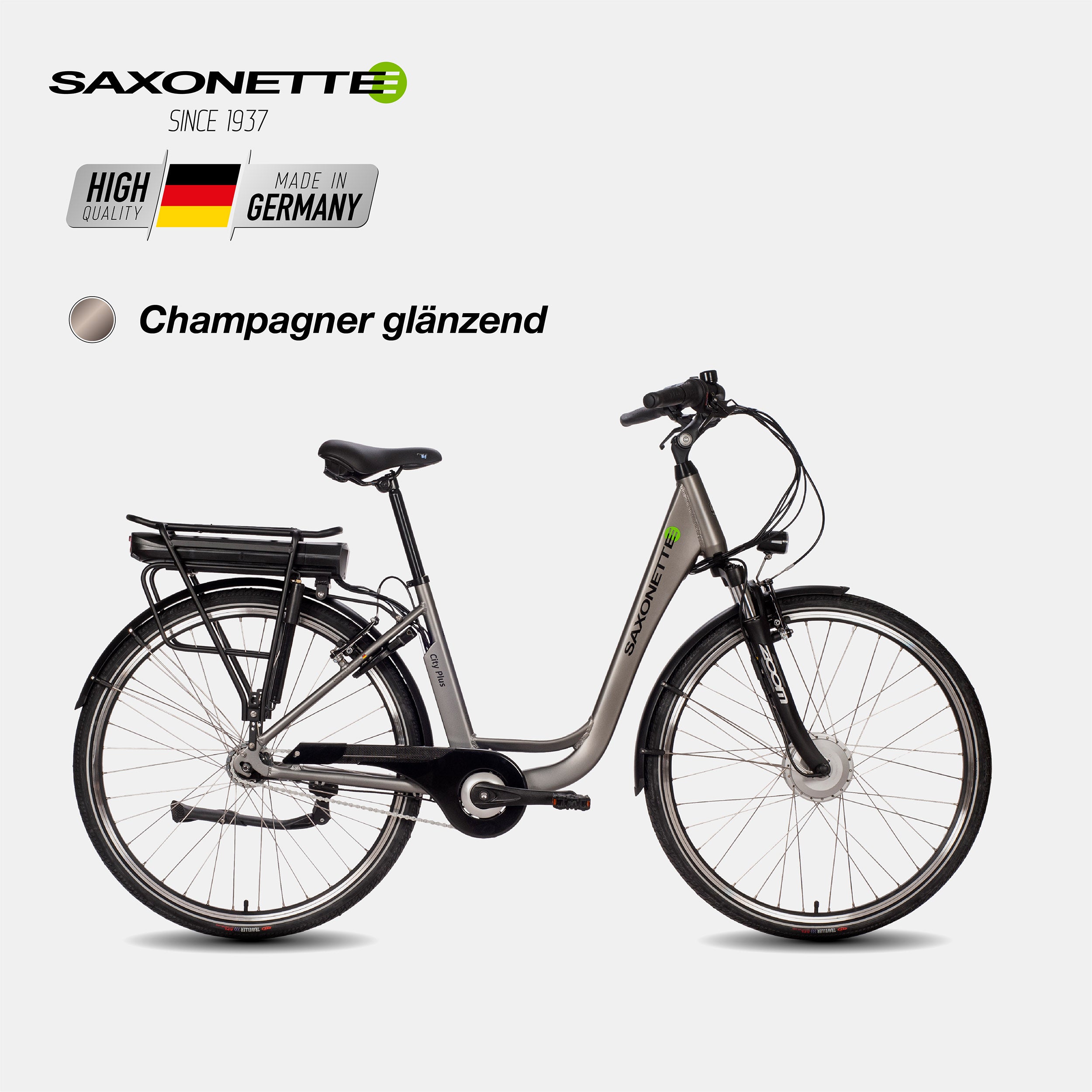SAXONETTE City Plus Wave E-Bike, 7-Gang Shimano Nexus, Farbe Champagner glänzend, Tiefeinsteiger mit Gepäckträgerakku.