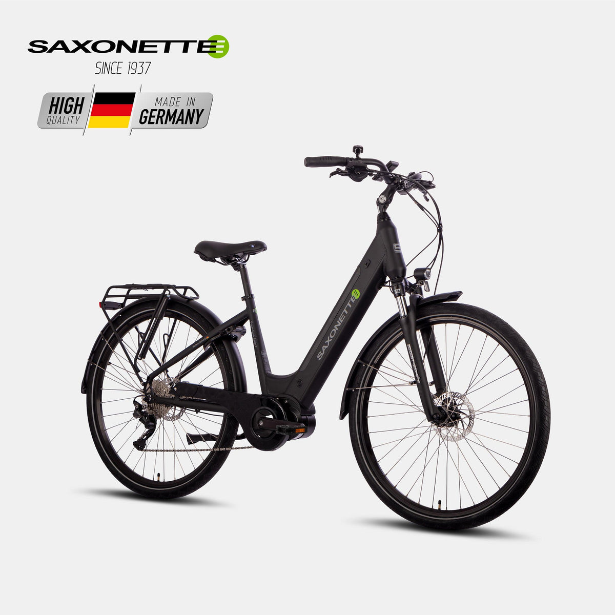 SAXONETTE Premium Sport Wave E-Bike in Schwarz – linke Seitenansicht, hochwertig Made in Germany seit 1937