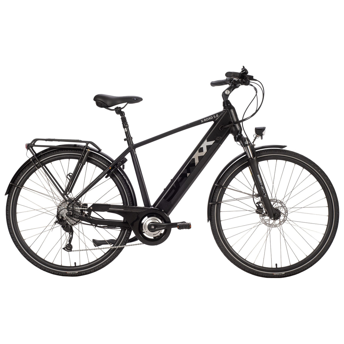 SAXXX E-Bike X-Road 5.0 E-Trekkingbike, 9 Gang Shimano, Kettenschaltung, Hinterradmotor, 468 Wh AKKU, Scheibenbremsen, Federgabel