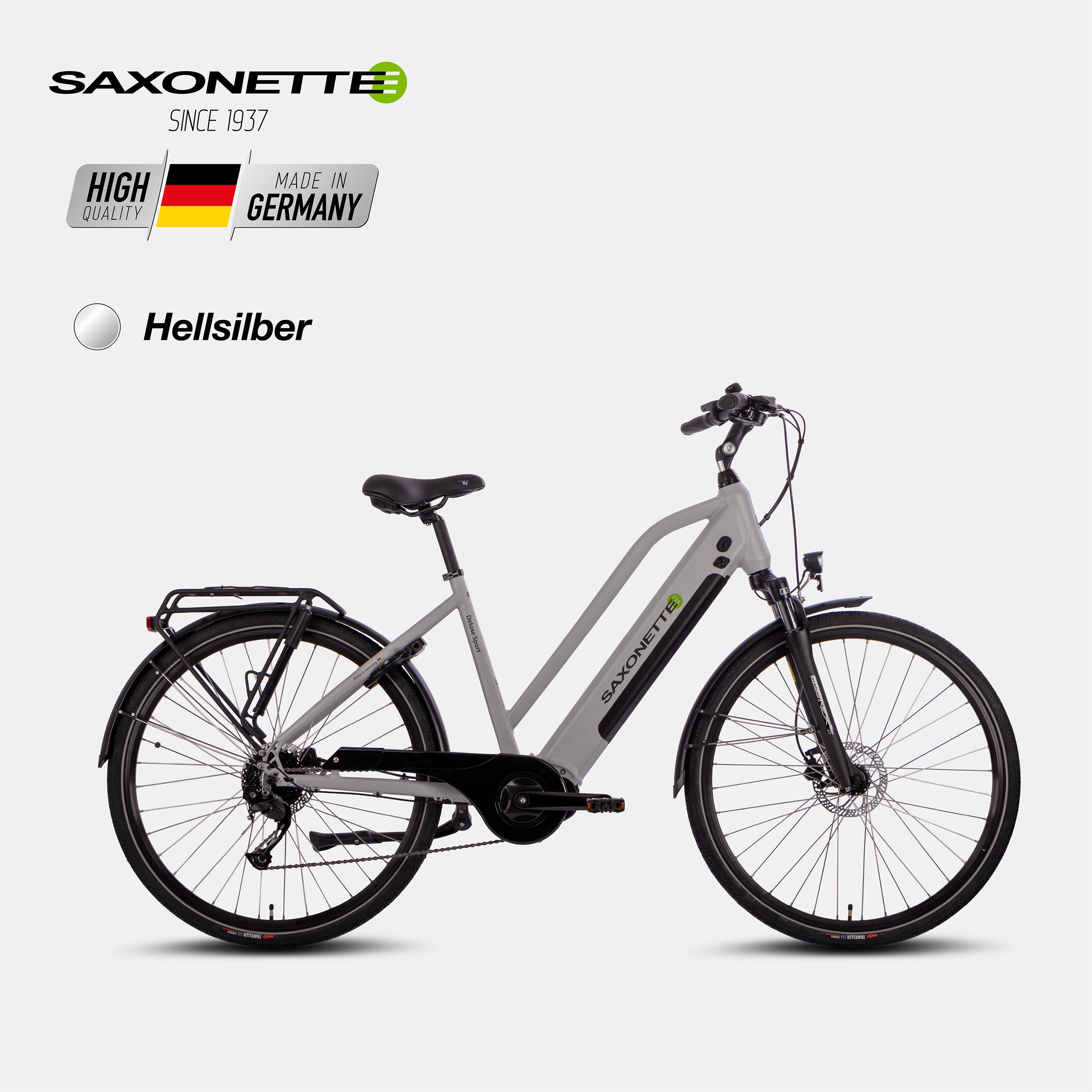 SAXONETTE Del. Sport Trapez Trekking-E-Bike, Hellsilber, Mittelmotor mit Shimano Alivio 9-Gang – Seitenansicht