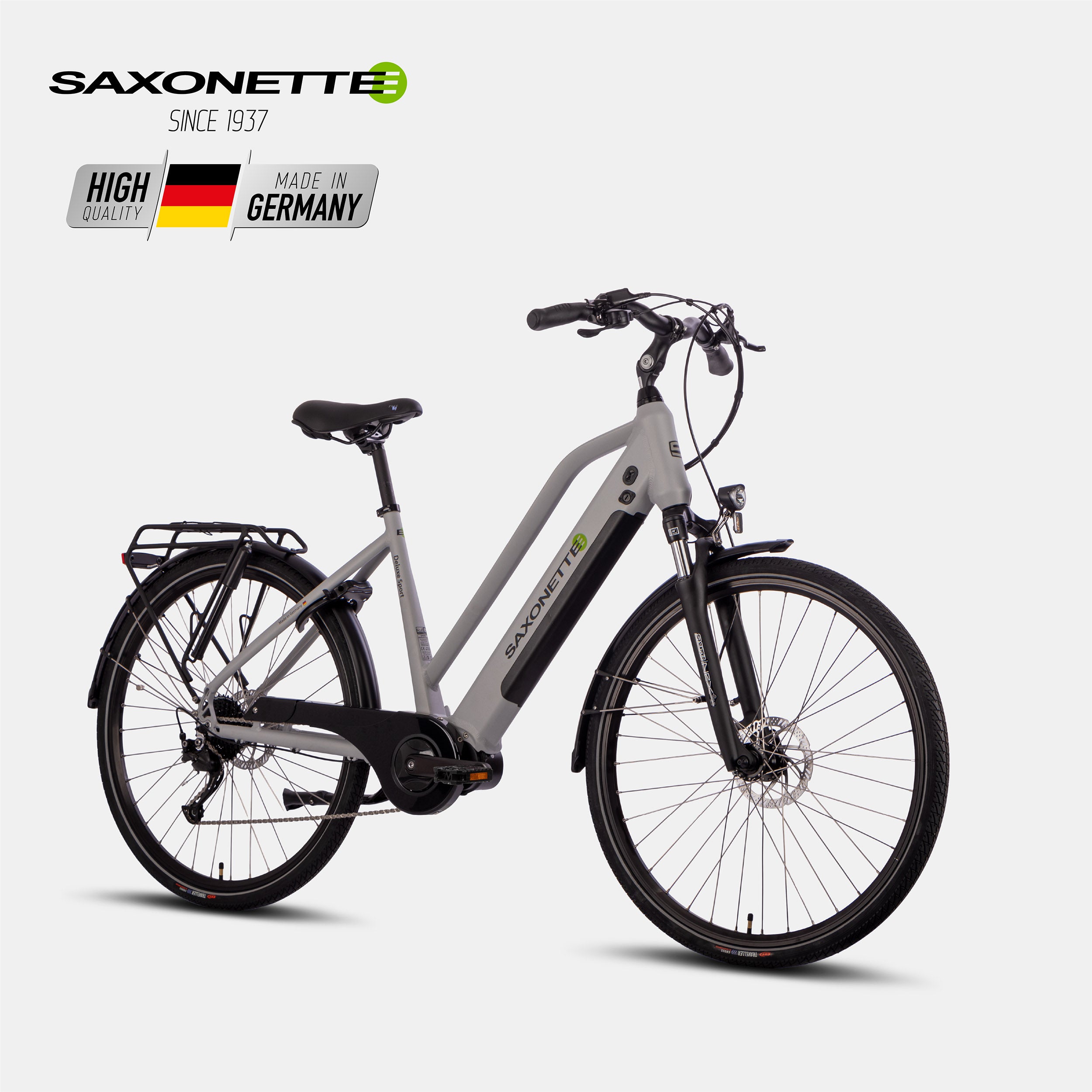 SAXONETTE Trekkingrad mit Trapezrahmen, Mittelmotor und 9-fach Alivio-Schaltung, „Made in Germany“