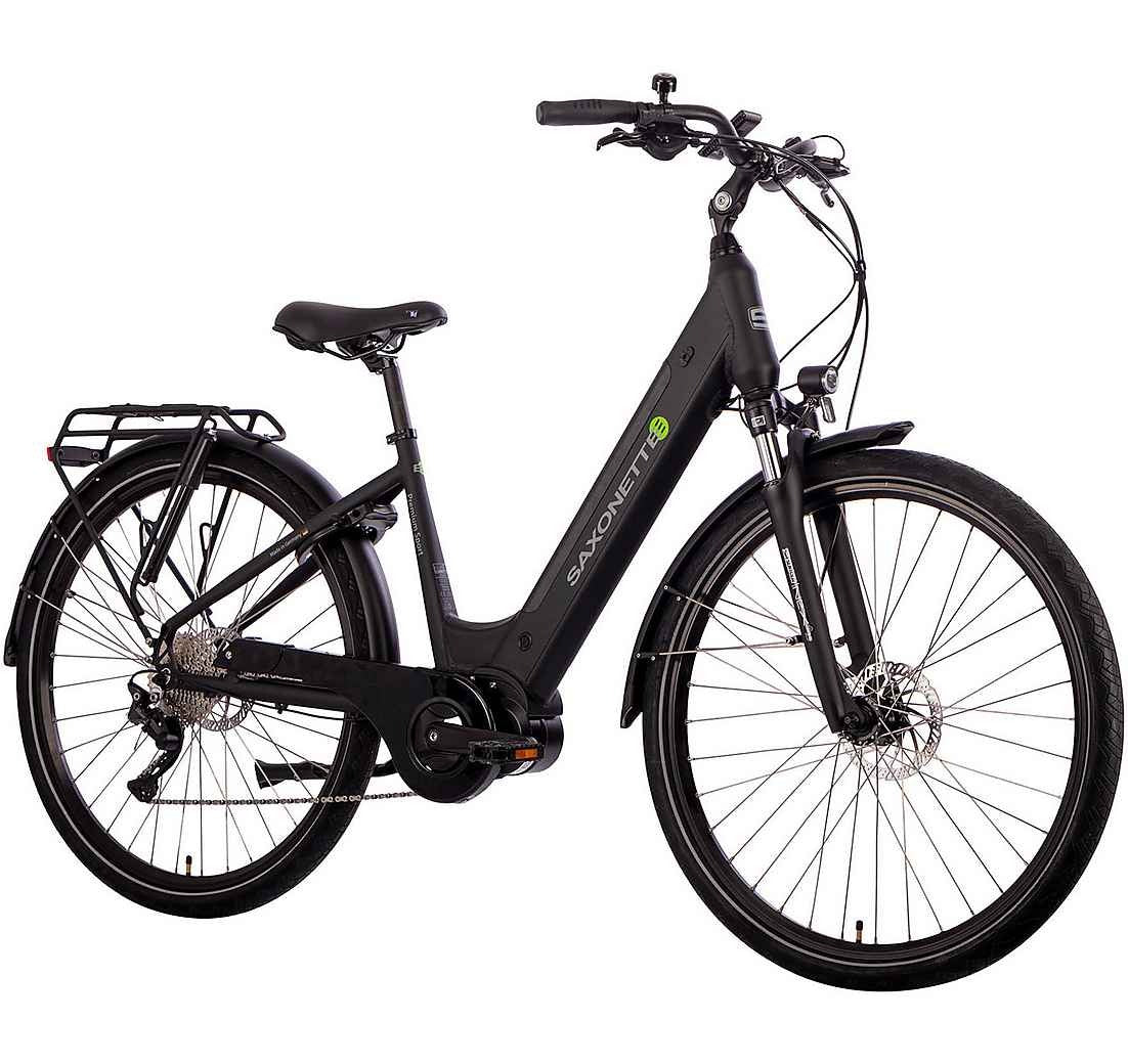 SAXONETTE Premium Plus 2.1 Wave in Schwarz, City-E-Bike mit Mittelmotor und Tiefeinsteigerrahmen.