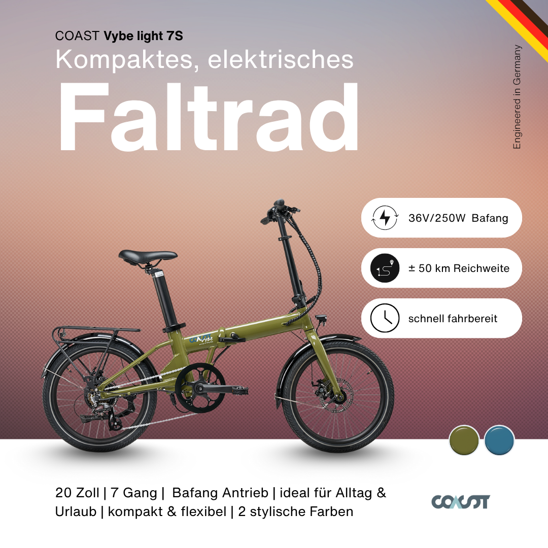 COAST VYBE Light 7S E-Faltrad Olivgrün – 36 V/250 W Bafang, Reichweite bis 50 km