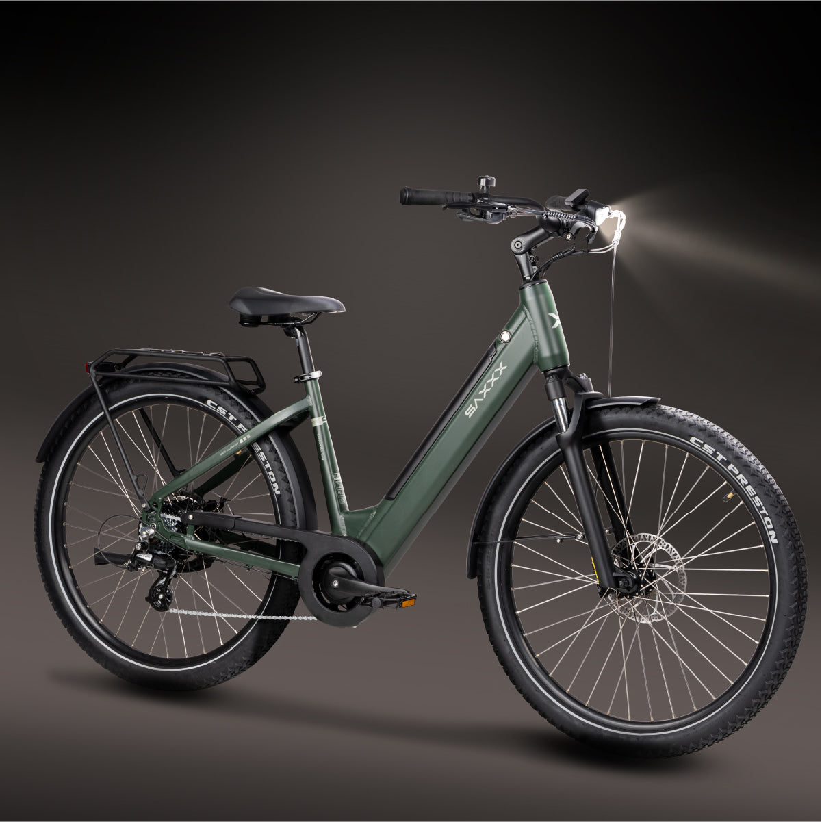 SAXXX E-Bike Comfort SUV Easy Wave, SUV-E-Bike mit 468-Wh Akku (max. 90 km), Federgabel und hellem LED-Frontlicht, Tannengrün.