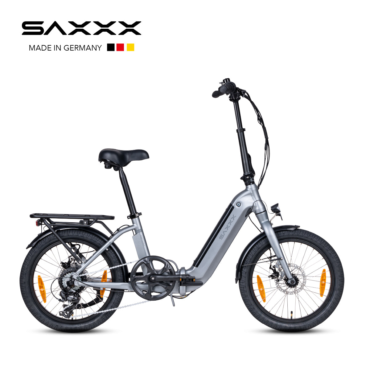 SAXXX Foldi Comfort Falt-E-Bike in Silber, 375-Wh Akku, 20-Zoll, Scheibenbremse und Gepäckträger.