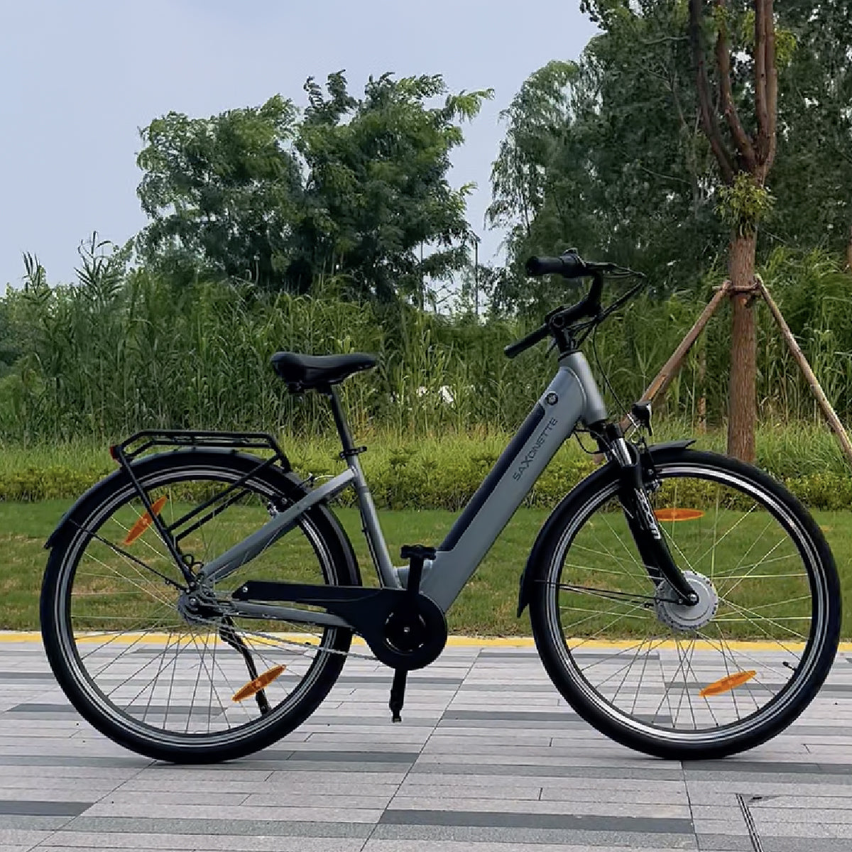 SAXONETTE X-Road 5.2 in Silbergrau – Outdooraufnahme am Weg; leichtes Alu-Chassis und verlässlicher Akku für tägliche Fahrten.