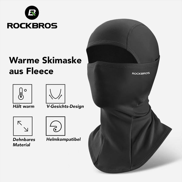 ROCKBROS warme Fleece-Skimaske/Balaclava in Schwarz, dehnbar und helmkompatibel, V-Gesichts-Design