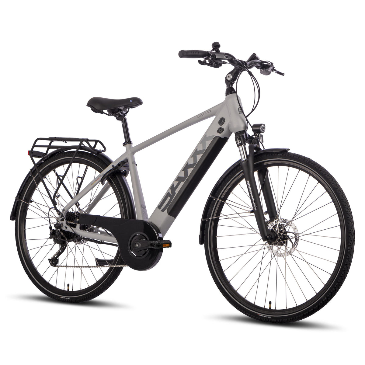 SAXXX E-Bike X-Road 5.0 E-Trekkingbike, 9 Gang Shimano, Kettenschaltung, Hinterradmotor, 468 Wh AKKU, Scheibenbremsen, Federgabel