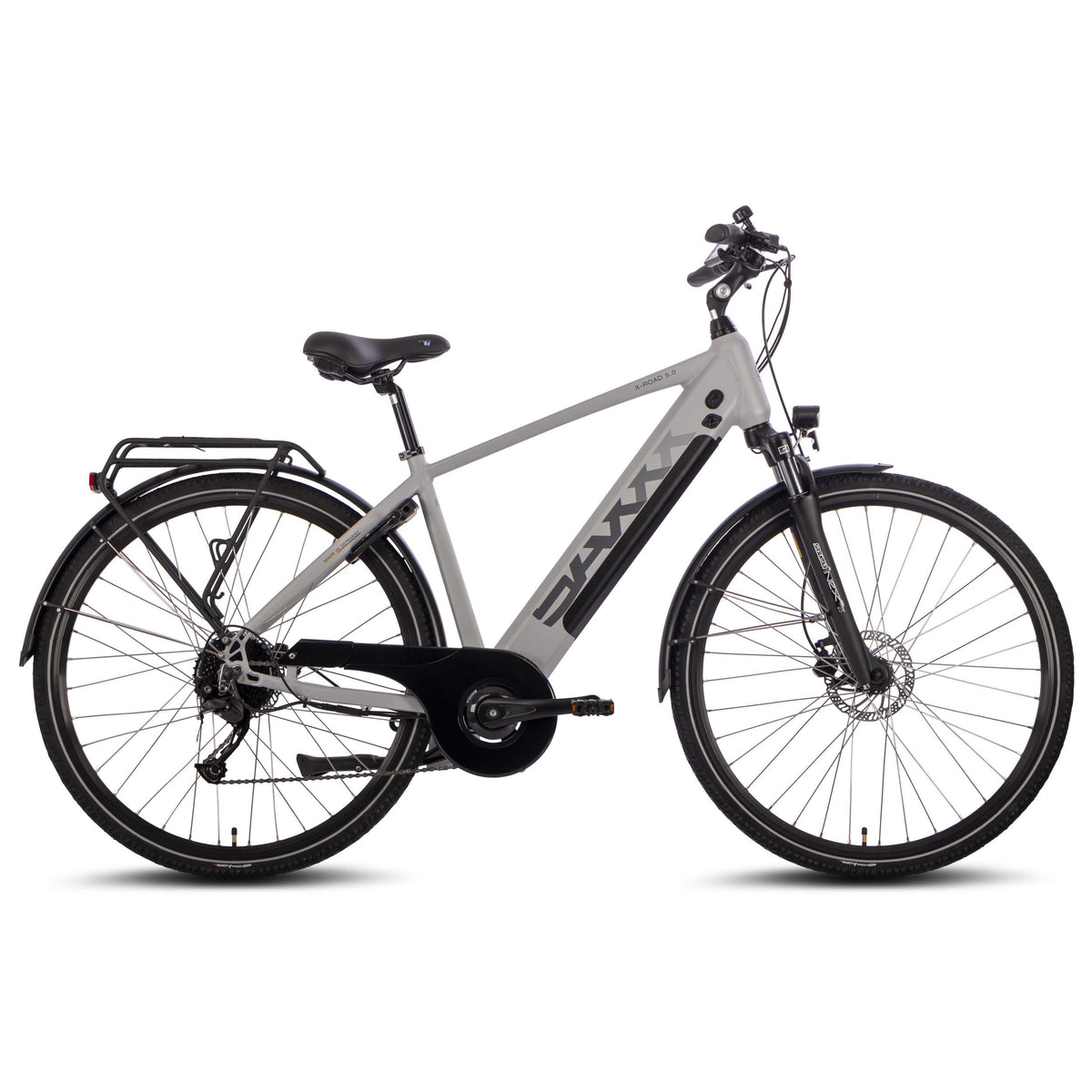 SAXXX E-Bike X-Road 5.0 E-Trekkingbike, 9 Gang Shimano, Kettenschaltung, Hinterradmotor, 468 Wh AKKU, Scheibenbremsen, Federgabel