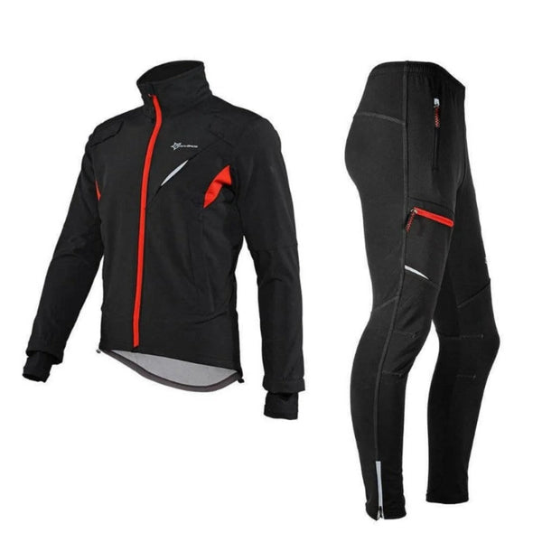 ROCKBROS Winter-Radsportanzug Herren: Jacke und Hose in Schwarz mit roten Akzenten, winddicht.