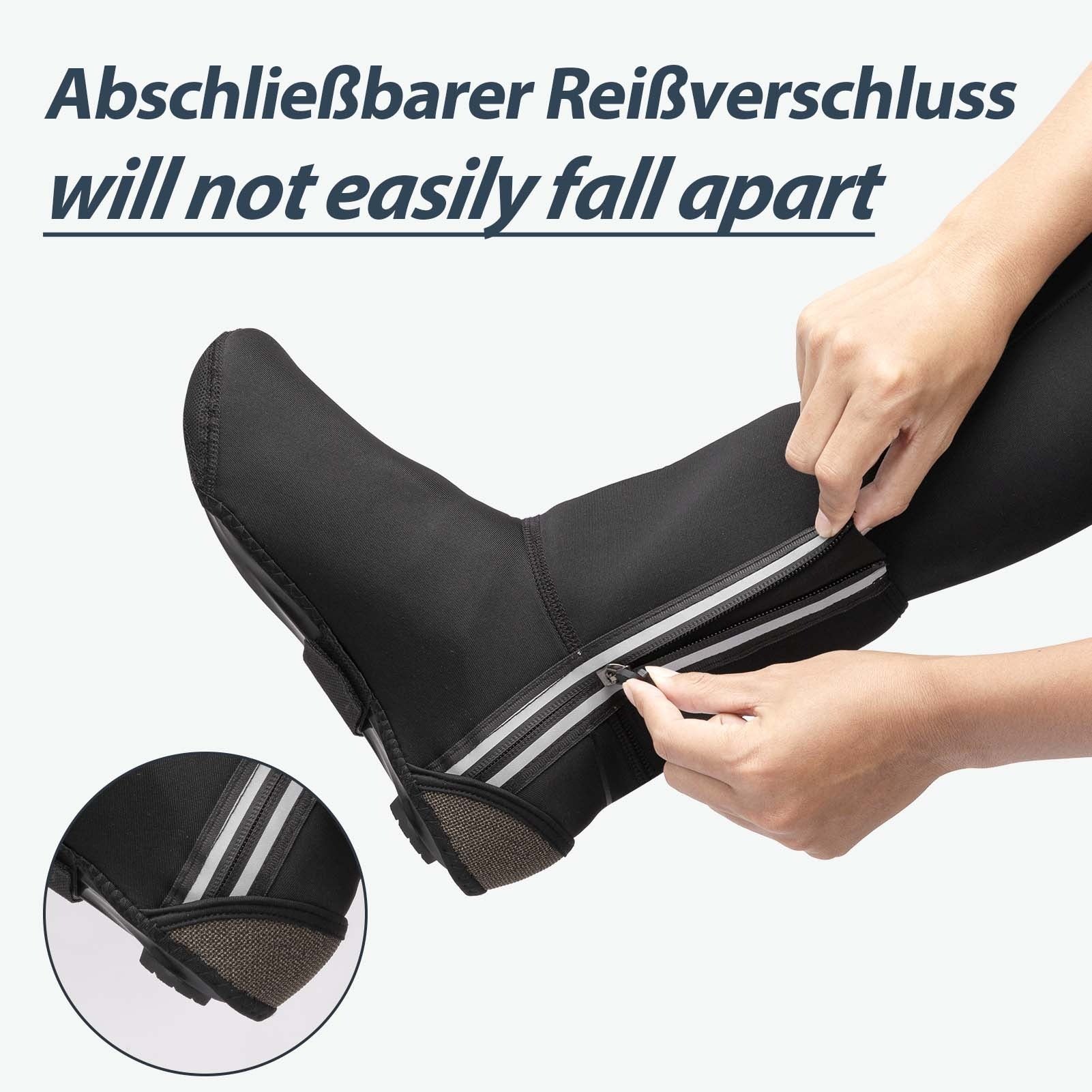 Radsport-Überschuhe mit abschließbarem Reißverschluss hinten – leicht anzuziehen, hält die Füße trocken und warm