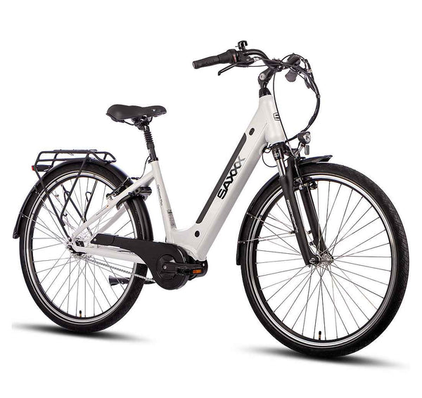 SAXXX E-Bike Optimum Plus Wave, Mittelmotor 250 W, Silberweiß – Seitenansicht vor weißem Hintergrund.