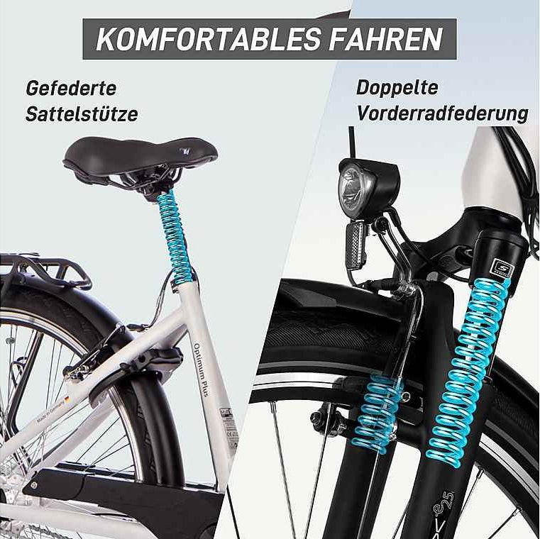 Detailgrafik „Komfortables Fahren“ – gefederte Sattelstütze und doppelte Vorderradfederung des SAXXX Optimum Plus.