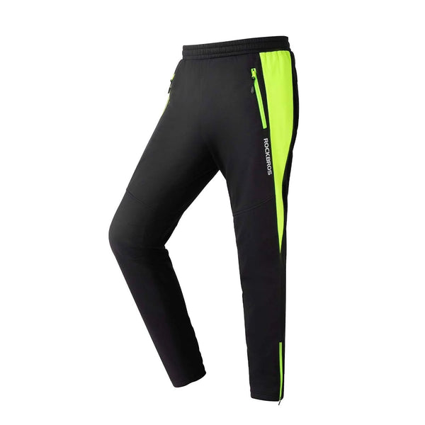 ROCKBROS wasserdichte Fahrradhose in Schwarz-Neongrün mit Reißverschlusstaschen.