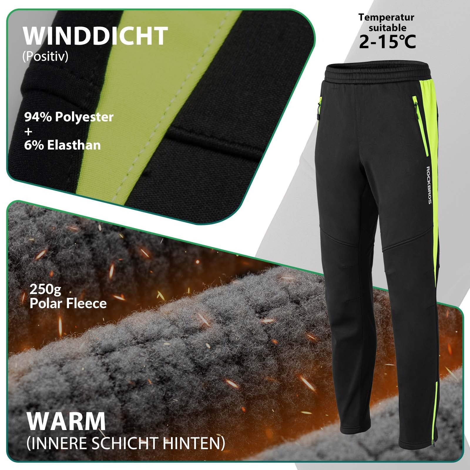Detailansicht: winddichte Softshell-Radhose, 94 % Polyester/6 % Elasthan, innen 250 g Fleece (für ca. 2–15 °C).
