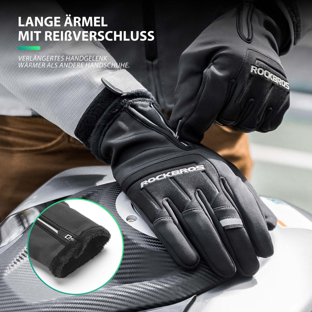 Gefütterte, winddichte Fahrradhandschuhe in Schwarz – langer Bund mit Zip, warme Innenhand, ideal für kalte Touren.
