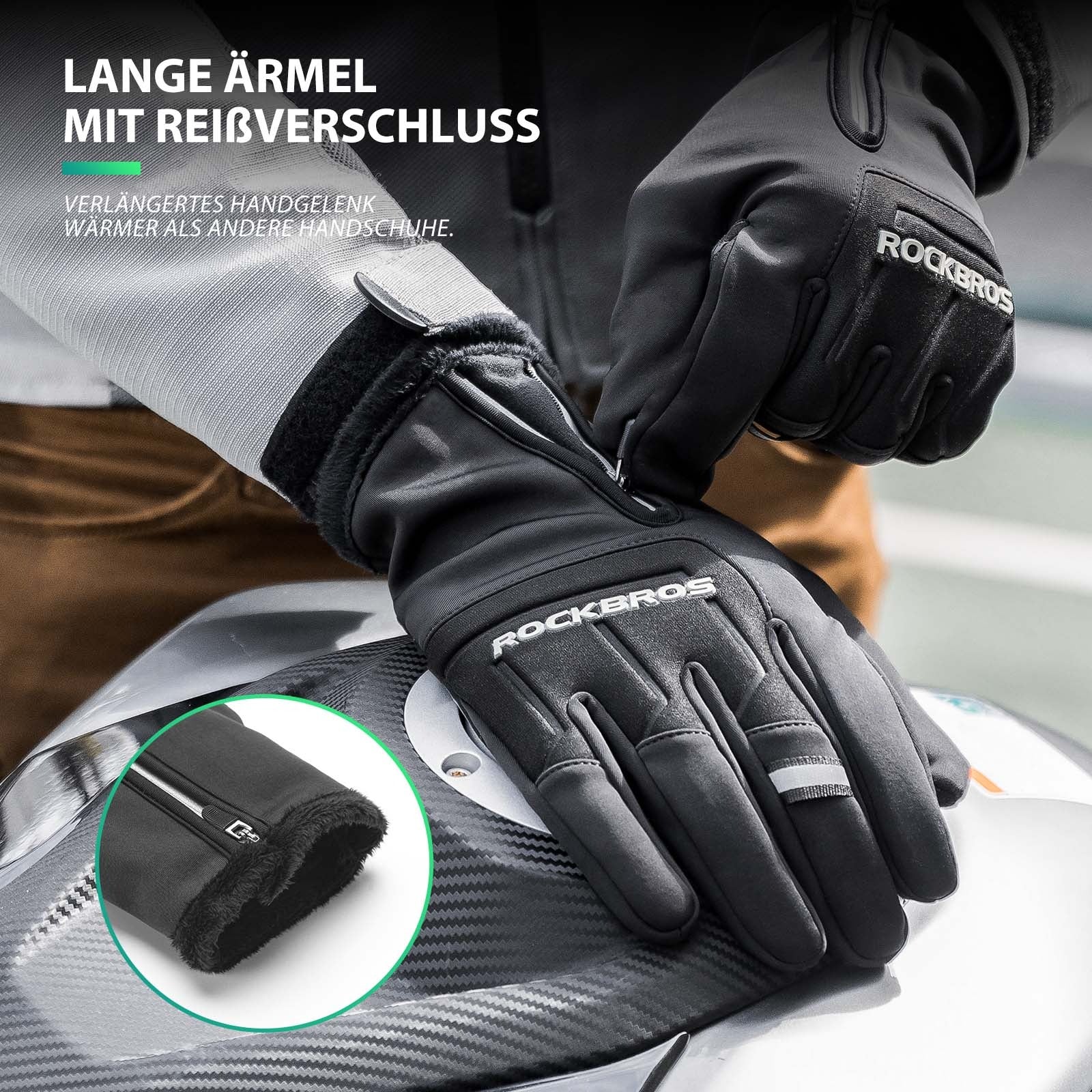Gefütterte, winddichte Fahrradhandschuhe in Schwarz – langer Bund mit Zip, warme Innenhand, ideal für kalte Touren.