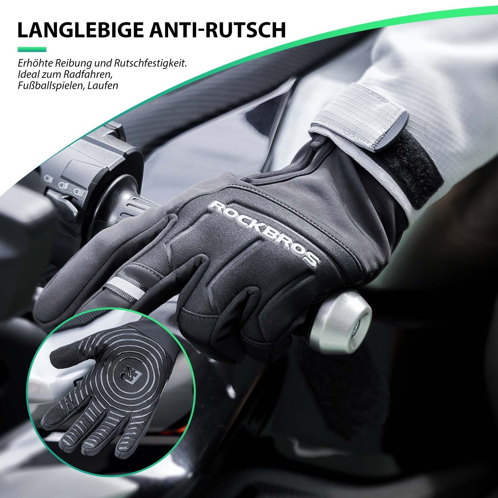 Anti-Rutsch-Griffflächen mit kreisförmigem Silikonprint; Smartphone-Bedienung an Daumen/Zeigefinger; Größen S–XL.