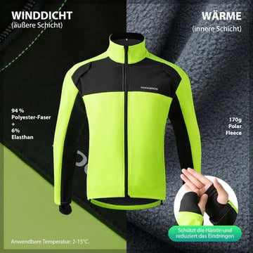 Materialdetail: 94 % Polyester, 6 % Elasthan, 170 g Polar-Fleece – warm und winddicht.