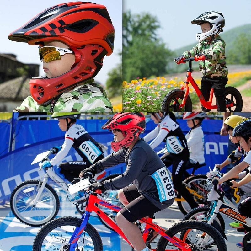 Kinder tragen ROCKBROS Fullface-Helme beim Radrennen und beim Laufradfahren – Anwendung im Alltag.