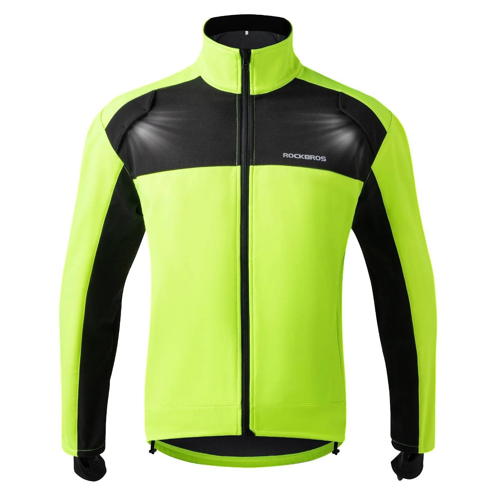 ROCKBROS Winter-Fahrradjacke für Herren in Neon-Grün/Schwarz, winddicht mit Fleece-Innenfutter.