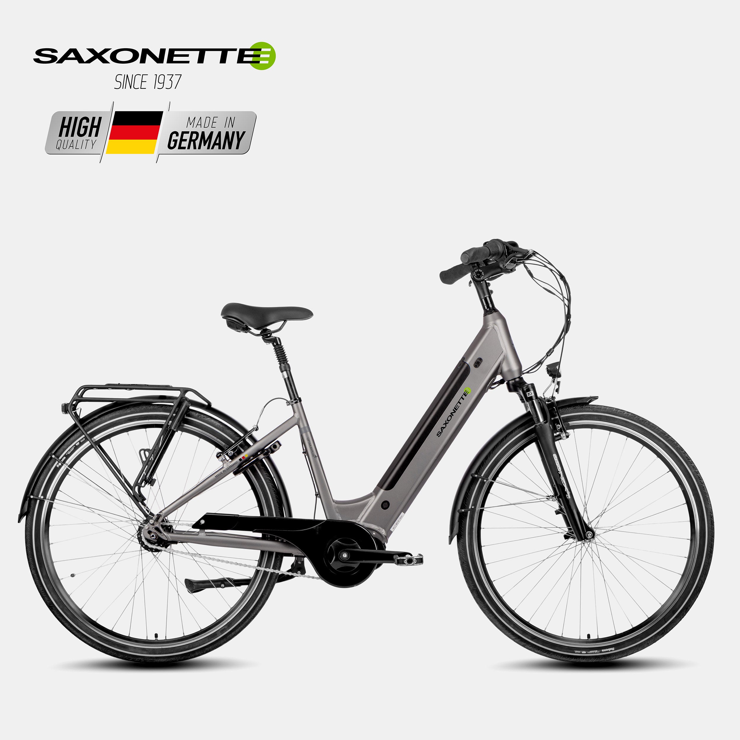 SAXONETTE Optimum Plus Wave in Hellsilber, Tiefeinsteiger mit Mittelmotor, 7-Gang Shimano Nexus, Federgabel und Gepäckträger – City/Trekking