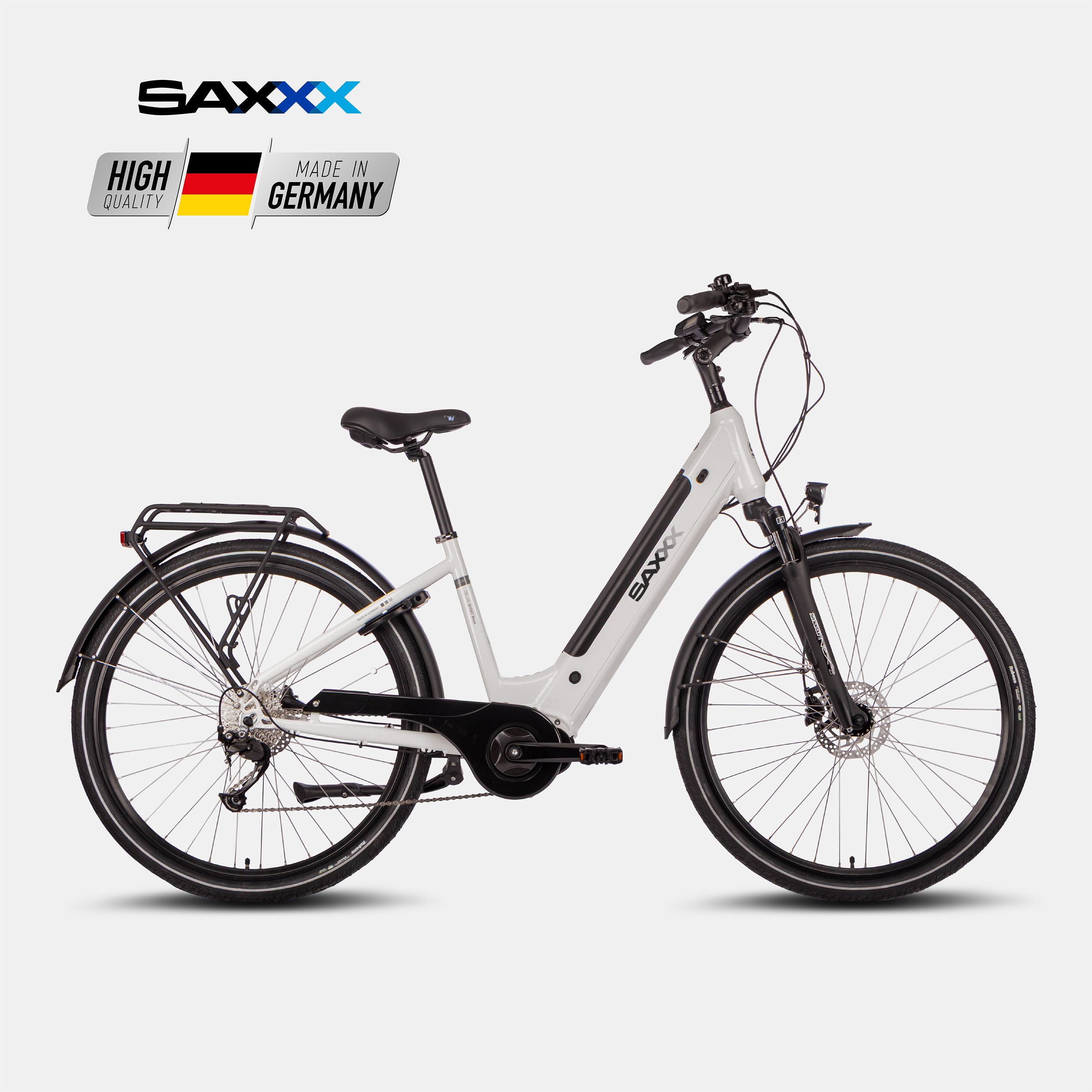 SAXXX Del. Sport Wave – City-E-Bike mit Mittelmotor, hellsilber.